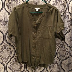 Olive green tie front top